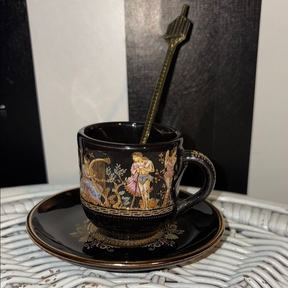 Handmade Other - 1960s Black and Gold Greek Gods Motif Mini Tea Cup /Saucer Set 24K Gold & Spoon